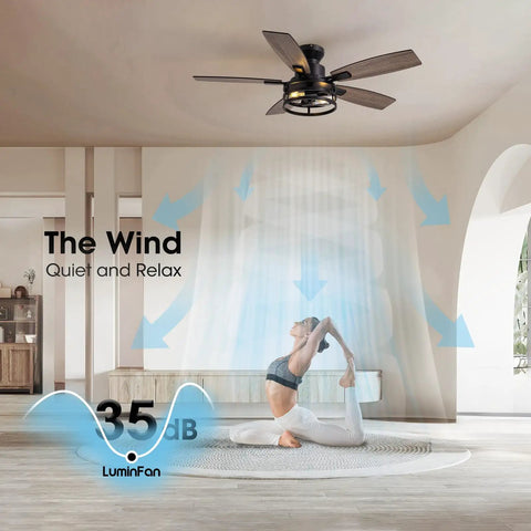 46 Inch Ceiling Fan With Lights And Remote Control, matte black, indoor use, in a living room with a person practicing yoga.