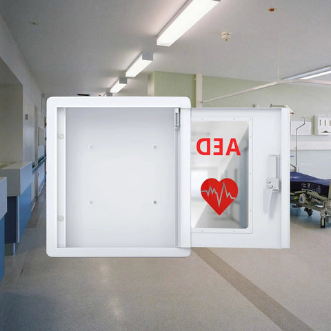 White metal AED cabinet wall mount with viewing window showing AED label; fits all brands.