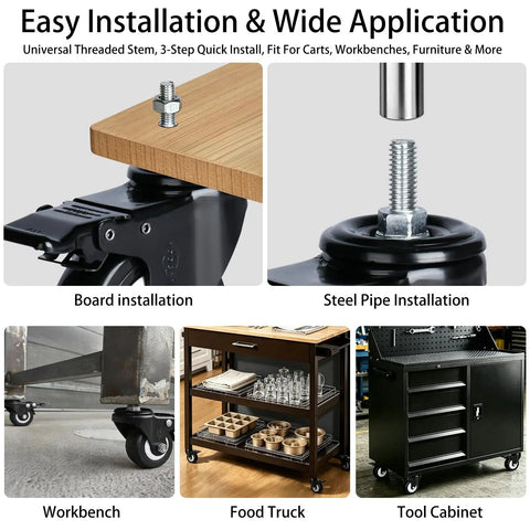 Rock Solid Five Inch Polyurethane Swivel Caster Wheels Set Of Four With M10 Threaded Stem for easy board and pipe installation.