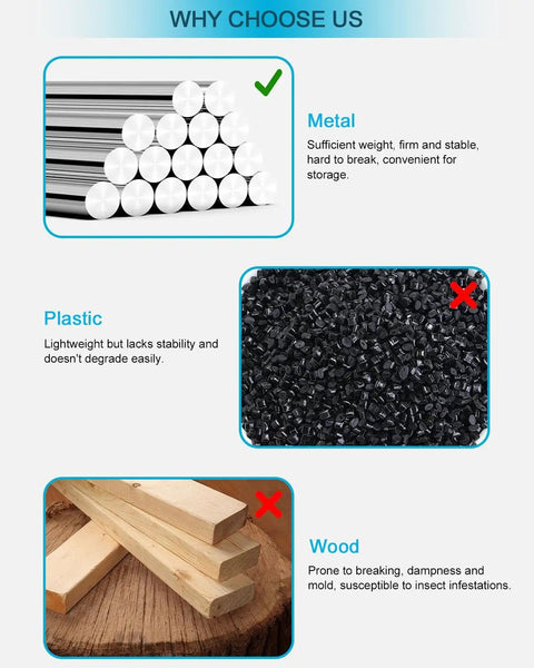 Comparison of materials: metal rods for Dope Portable Skateboard Floor Stand With Dual View Display, plastic granules, and wooden planks.