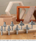 Pro Grade Four Piece Chamfer Router Bit Set With Carbide Cutters And Twin Bearings For Swift Bevels and Dead On Miter Joints At 22.5 30 45 60 Degrees, displaying various angles on a wood surface.