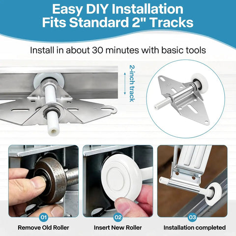 Garage Door Hardware Kit Replacement For 16x7 And 18x7 Doors With Premium White Nylon Rollers Heavy Duty 14 GA Hinges Top And Bottom Brackets Lift Cables And Mounting Screws Ready To Install For Residential Use, 2-inch track install