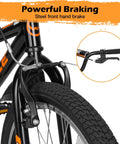 Close-up of 20 Inch BMX Style Kid Friendly Bike's powerful front hand brake system with dual braking for ages 4 to 12 boys and girls.