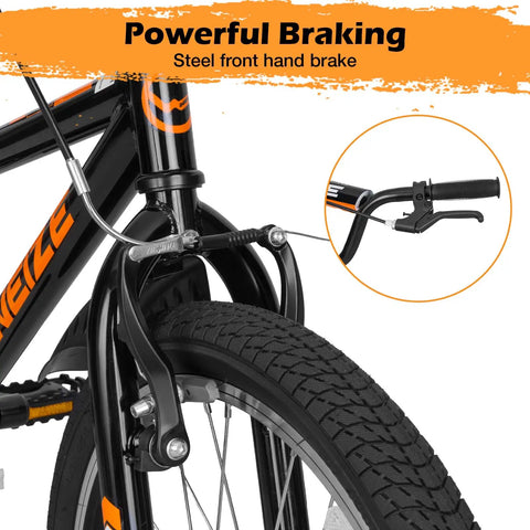 Close-up of 20 Inch BMX Style Kid Friendly Bike's powerful front hand brake system with dual braking for ages 4 to 12 boys and girls.