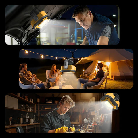 Three scenes showing 2 Pack Rechargeable LED Work Lights With 6000mAh Battery 16 Hours Run Time Cordless Magnetic Spotlight in use