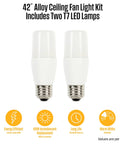 Two T7 LED lamps for Alloy 42 Inch Ceiling Fan With LED Light Kit, Brushed Nickel Finish, Reversible Beech And Wengue Blades.