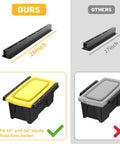 Comparison of Garage Ceiling Tote Storage Rails Heavy Duty Overhead Bin Rack Adjustable Tote Slide System 4 Pack For 3 Bins showing different sizes and fit for bins with a 26-inch rail vs. a 17-inch rail.