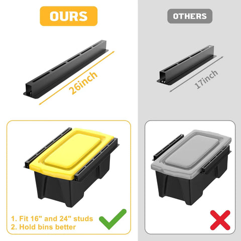Comparison of Garage Ceiling Tote Storage Rails Heavy Duty Overhead Bin Rack Adjustable Tote Slide System 4 Pack For 3 Bins showing different sizes and fit for bins with a 26-inch rail vs. a 17-inch rail.