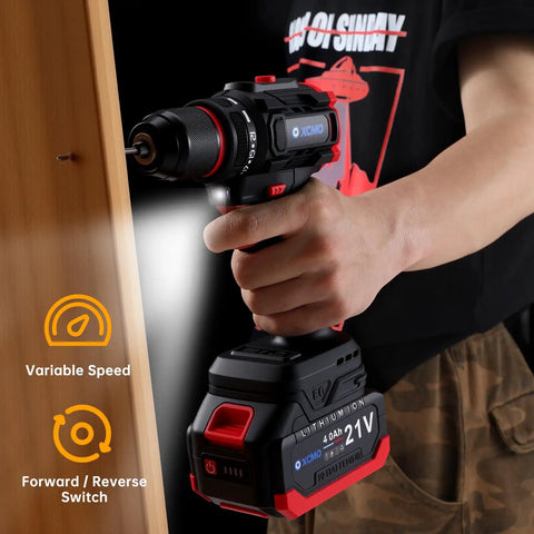 21V Cordless Workhorse Drill With 60Nm Torque And 1750Rpm Variable Speed Running Rock Solid On Dual Lithium Batteries Along With 17 Versatile Bits For No Sweat Diy Crews And Pros, showing user drilling into wood.