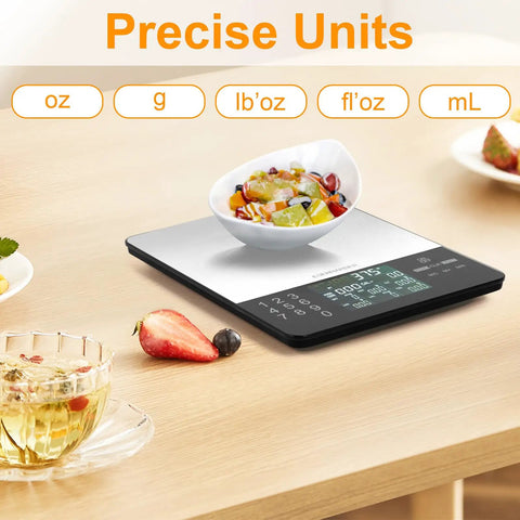 Digital Kitchen Scale With Nutritional Calculator for easy calorie counting and meal prep, clear display, bowl of salad on scale
