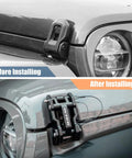 Before and after of Aluminum Hood Latches Replacement For Jeep Wrangler JK/JKU 2007-2017, JL/JLU 2018+ And Gladiator 2020+ installed