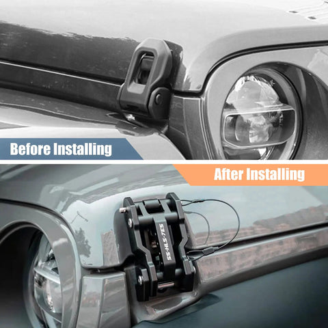 Before and after of Aluminum Hood Latches Replacement For Jeep Wrangler JK/JKU 2007-2017, JL/JLU 2018+ And Gladiator 2020+ installed