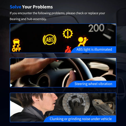 Dashboard warning lights, steering wheel vibration, and clunking noise indicating Rear Wheel Bearing And Hub Assembly With ABS issues.