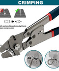 Premium Wire Rope Crimp Tool Kit With Built In Cutter showing jaw mechanism and sleeve crimping detail.