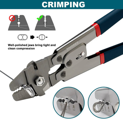 Premium Wire Rope Crimp Tool Kit With Built In Cutter showing jaw mechanism and sleeve crimping detail.