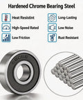 Image of a Bulk 50 Pack 608-2RS Skateboard Bearings 8x22x7mm Pre Lubed Sealed Chrome Steel with durability features highlighted