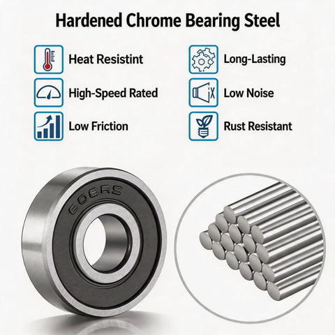 Image of a Bulk 50 Pack 608-2RS Skateboard Bearings 8x22x7mm Pre Lubed Sealed Chrome Steel with durability features highlighted