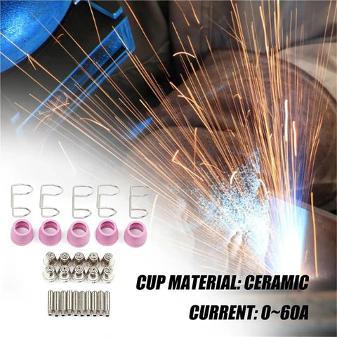 Get Prime Cuts With These 30Pcs Plasma Cutter Consumables Set featuring ceramic cups, electrodes, and accessories for 0-60A machines.