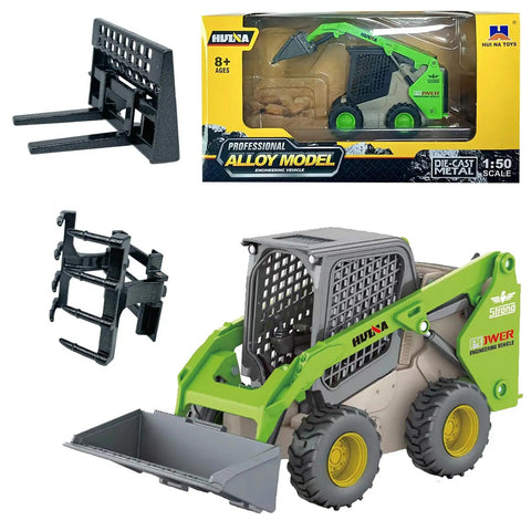 Durable Skid Steer Loader 3 In 1 Diecast Metal Construction Truck With Forklift And Grab Shovel, 1:50 Scale Green Toy
