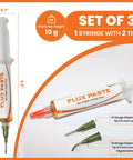 Rosin Flux Gel Paste For Electronics Soldering, Tacky No Clean Flux Syringe 10 G displayed with tips, labeled dimensions.