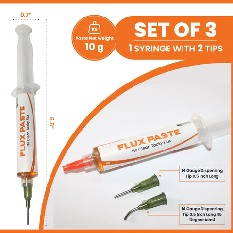 Rosin Flux Gel Paste For Electronics Soldering, Tacky No Clean Flux Syringe 10 G displayed with tips, labeled dimensions.