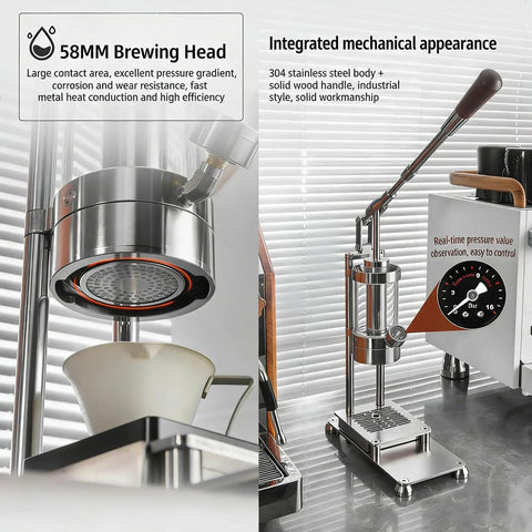 Score Some Real Cafe Vibes With This Portable Manual Espresso Maker Hand Pressed Brew System Adjustable One To Sixteen Bar Pressure And Seriously Good Crema For Any Latte Or Cappuccino Fix On The Road 58mm brewing head with stainless steel body.