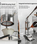 Travel Friendly Manual Lever Espresso Maker With Hand Press Setup And 58mm Basket, showcasing 58mm brewing head and pressure gauge.