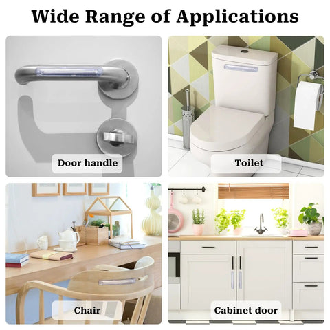 Rock Solid Silicone Cabinet Door Bumpers With Hella Strong Adhesive on surfaces like a cabinet door, chair, door handle, and toilet.