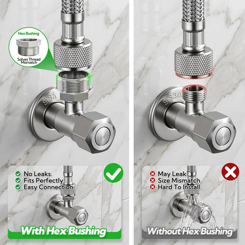 2-Pack 304 Stainless Steel Reducer Hex Bushing 1.5 In NPT Male to 1 In NPT Female Reducing Pipe Adapter Fitting for Plumbing and Industrial Piping, Go-To Corrosion-Resistant, Works from -65 to 250 F, shown with threaded hose connection