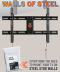 Heavy Duty Steel Stud TV Mounting Kit For Fixed And Tilt Sets Secures Flat Screens Up To 175 Pounds On Metal Walls with installation tools.