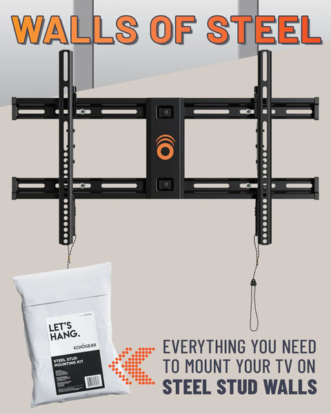 Heavy Duty Steel Stud TV Mounting Kit For Fixed And Tilt Sets Secures Flat Screens Up To 175 Pounds On Metal Walls with installation tools.