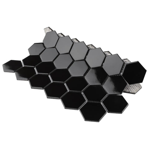 Dope Glossy Black Porcelain Hex Mosaic Tile for Floors and Walls, 2 inch pieces, mesh-mounted, high sheen finish, sheet view