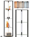 Go To Space Saving Floor Lamp With Built In Table And Shelves, Modern Reading Lamp With Linen Shade, black frame, displayed items.