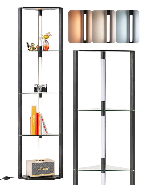 Go To Space Saving Floor Lamp With Built In Table And Shelves, Modern Reading Lamp With Linen Shade, black frame, displayed items.