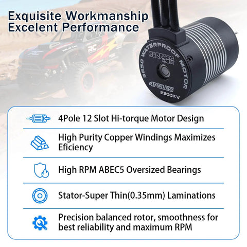 Image featuring 3650 Brushless Motor 2300KV with specifications and RC car in background