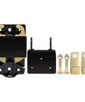 Heavy Duty 2 Way Lockable Gate Latch Kit for Round Tube Fences. Includes black latch, bolts, and accessories for secure fittings.