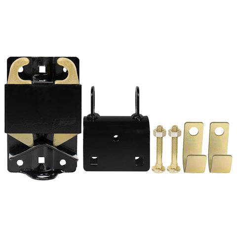 Heavy Duty 2 Way Lockable Gate Latch Kit for Round Tube Fences. Includes black latch, bolts, and accessories for secure fittings.