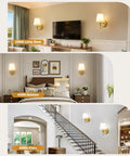 Slick Wireless Wall Sconces Set Of Two in living room, bedroom, and stairs settings, showcasing gold fabric design with remote.