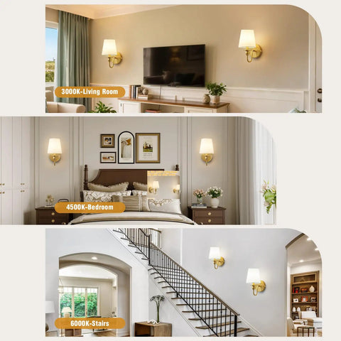 Slick Wireless Wall Sconces Set Of Two in living room, bedroom, and stairs settings, showcasing gold fabric design with remote.