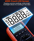 Digital Multimeter 6000 Counts With DC And AC Voltage And Current Resistance Capacitance Frequency Duty Cycle Continuity And Diode Testing NCV Live Wire Detection Auto Range Durable Handy Tool For Pros And DIY showing 6000-count LCD screen with blue backlight.