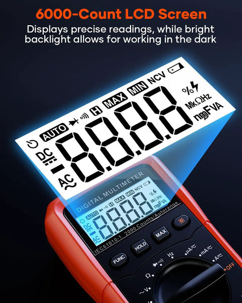 Digital Multimeter 6000 Counts With DC And AC Voltage And Current Resistance Capacitance Frequency Duty Cycle Continuity And Diode Testing NCV Live Wire Detection Auto Range Durable Handy Tool For Pros And DIY showing 6000-count LCD screen with blue backlight.