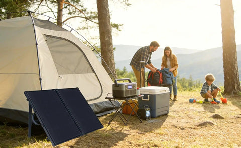 100W Portable Foldable Solar Panel Suitcase With 10A 12V MPPT Controller next to a tent in a camping setup