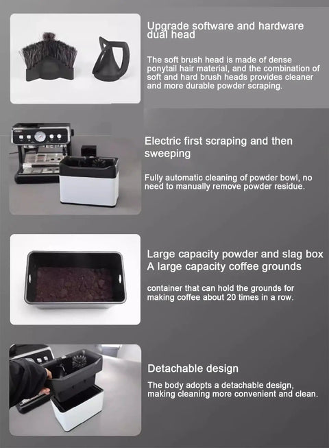 Electric Portafilter Cleaner With Zero Headache Grounds Knock Box For Game Changing Espresso Machine Maintenance And Easy Coffee Tamper Handle Scrubbing In Sleek Silver Trim parts including dual head brush and powder bowl.