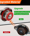 13 PSI Radiator Cap For Polaris Ranger And RZR Models, showing upgrade from old rusted cap to new stainless steel cap with red silicone seal