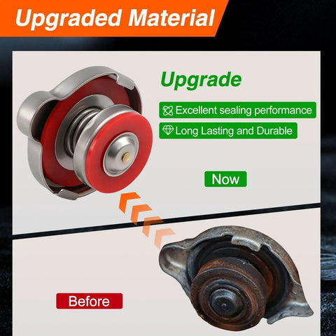 13 PSI Radiator Cap For Polaris Ranger And RZR Models, showing upgrade from old rusted cap to new stainless steel cap with red silicone seal