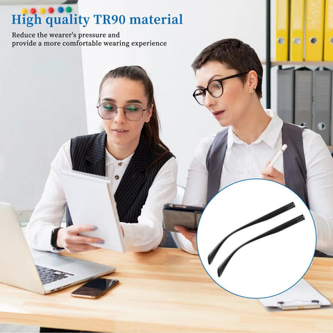 Kick Your Broken Frames Back To Life With This Heavy Duty TR90 Eyeglass Temple Replacement Kit Includes Screws Nuts Wrench And Nose Pads For A Super Quick Snap Fix with two TR90 black eyeglass arms and users.