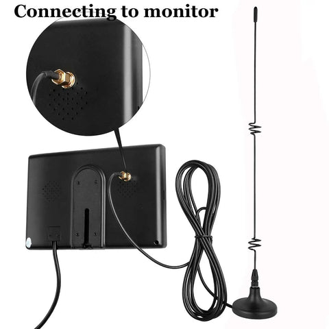 Longer Stronger 7dB Power Cable With 13.5 Ft Extension Cable For Wireless Gear Monitors And Backup Cam Interference Reduction And Extra Range Black Pro connected to monitor