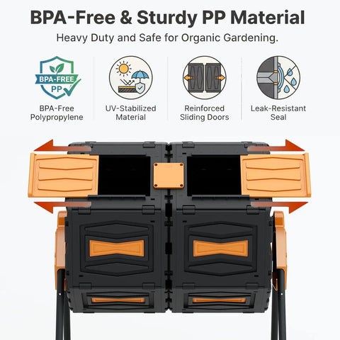 Dual Chamber 45 Gallon Compost Tumbler For Outdoor Use, No-Fuss Batch System, easy assembly, UV resistant, BPA free, front view