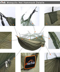 Lightweight Camping Hammock With Mosquito Net For Double Or Single Use, Parachute Nylon Comfort, tree straps and details shown
