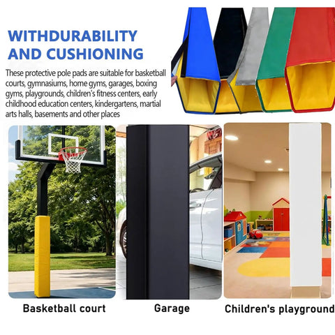 Heavy Duty Square Foam Pole Cover For Basements And Garages Featuring No Sweat Wrap Up Design And Tough As Nails Impact Shield in various settings.
